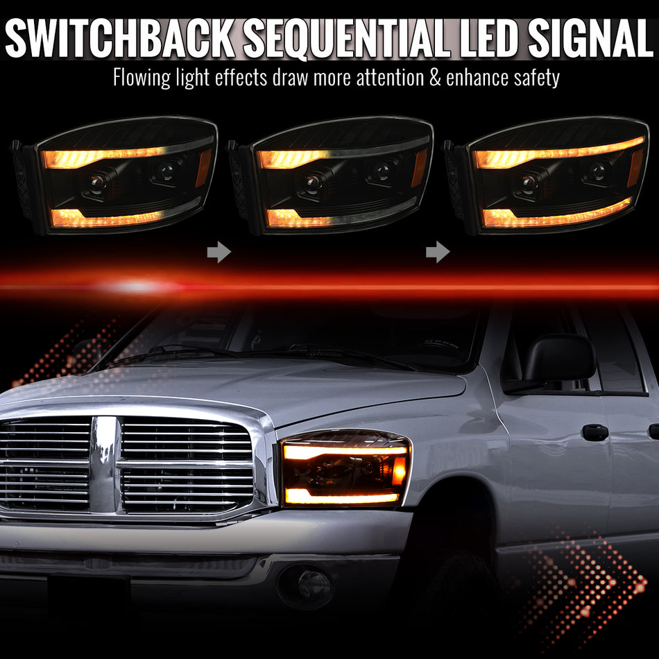 2006–2008 Dodge RAM 1500 / 2006–2009 RAM 2500 3500 Projector Headlights with Switchback Amber LED Strips, Sequential Turn Signals, DRL & Startup Animation (Black Housing / Smoked Lens)