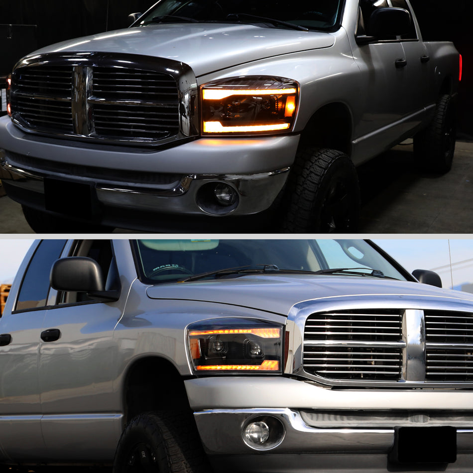 2006–2008 Dodge RAM 1500 / 2006–2009 RAM 2500 3500 Projector Headlights with Switchback Amber LED Strips, Sequential Turn Signals, DRL & Startup Animation (Black Housing / Smoked Lens)