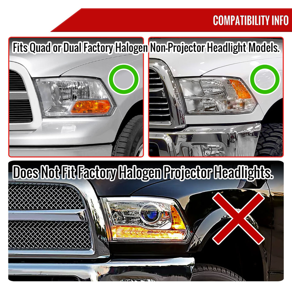 2009-2018 Dodge RAM 1500  / 2019-2021 RAM Classic / 2010-2018 RAM 2500 3500 Projector Headlights w/ Amber LED Sequential Turn Signal (Matte Black Housing/Clear Lens)