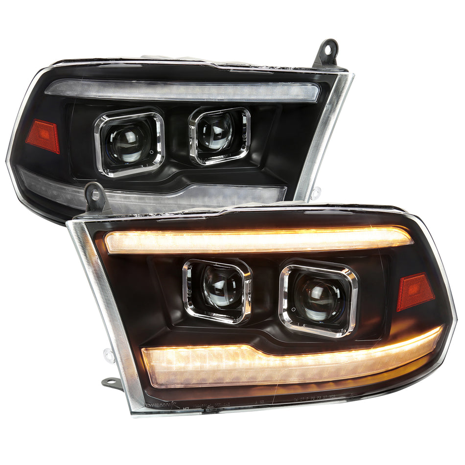2009-2018 Dodge RAM 1500  / 2019-2021 RAM Classic / 2010-2018 RAM 2500 3500 Amber LED Bar Switchback Sequential Projector Headlights (Matte Black Housing/Clear Lens)