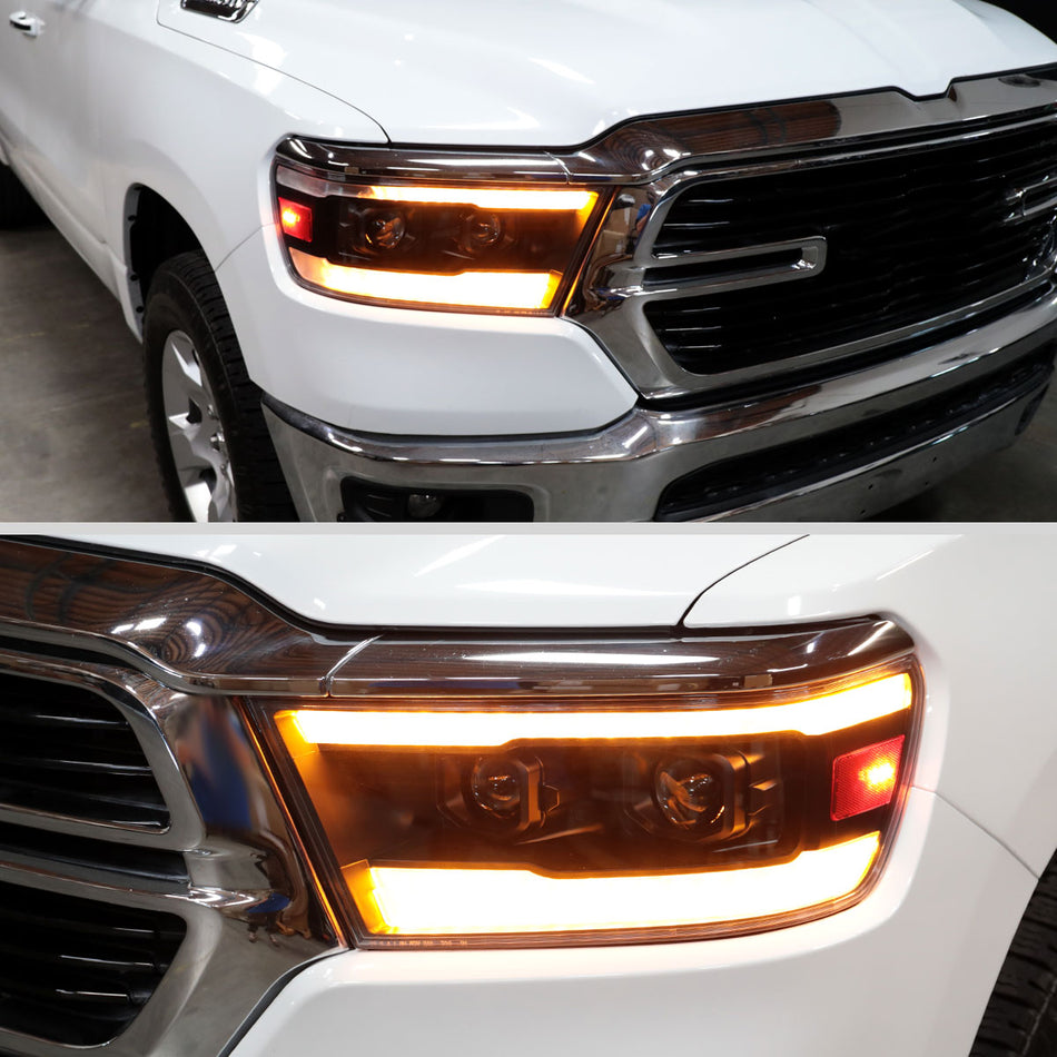 2019–2024 Dodge RAM 1500 Projector Headlights w/ Amber LED Sequential Turn Signals & Startup Animation (Matte Black Housing / Clear Lens)