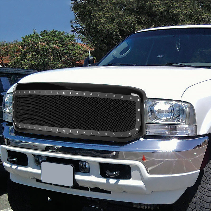1999-2004 Ford F-250/F-350/Excursion Black ABS Rivet Style Grille w/ Stainless Steel Mesh