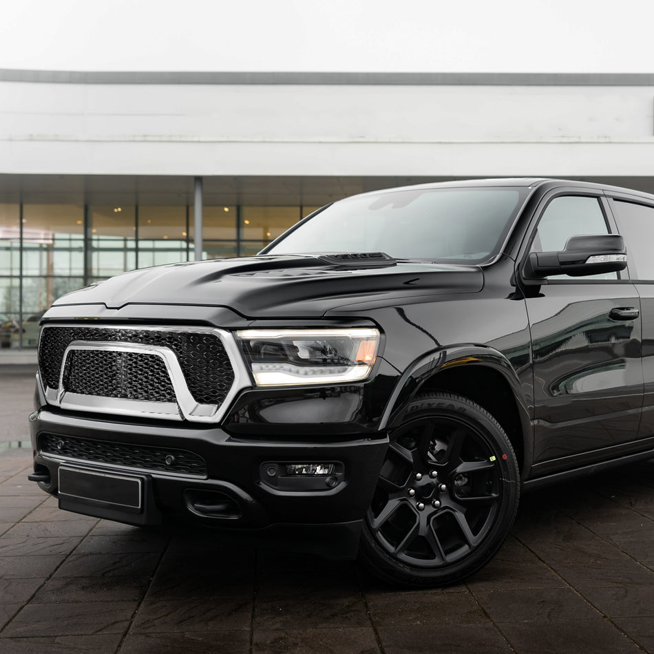2019-2020 Dodge RAM 1500 Glossy Black ABS Chrome Trim Rebel Style Mesh Grille