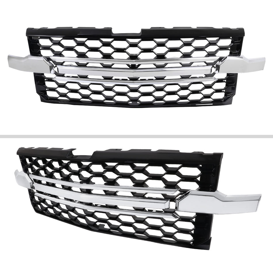 2019-2022 Chevrolet Silverado 1500 WT Glossy Black Honeycomb Hood Grille w/ Chrome Trim