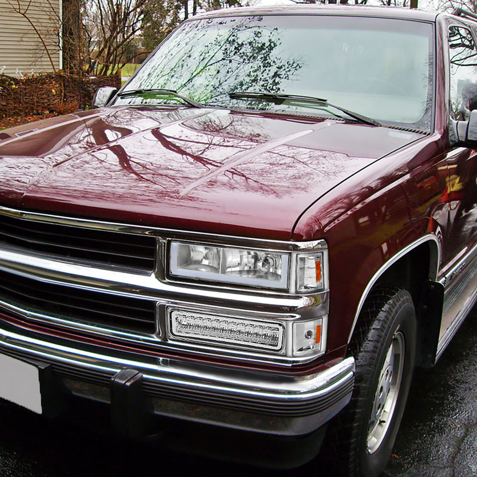1988-1998 Chevrolet C/K C10/Tahoe/Suburban/Silverado GMC Sierra/Yukon/Suburban LED Bar Crystal Headlights (Chrome Housing/Clear Lens)