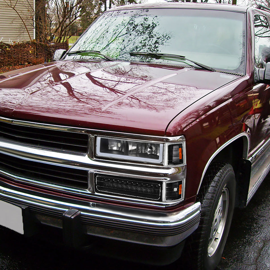 1988-1998 Chevrolet C/K C10/Tahoe/Suburban/Silverado GMC Sierra/Yukon/Suburban LED Bar Crystal Headlights (Matte Black Housing/Clear Lens)