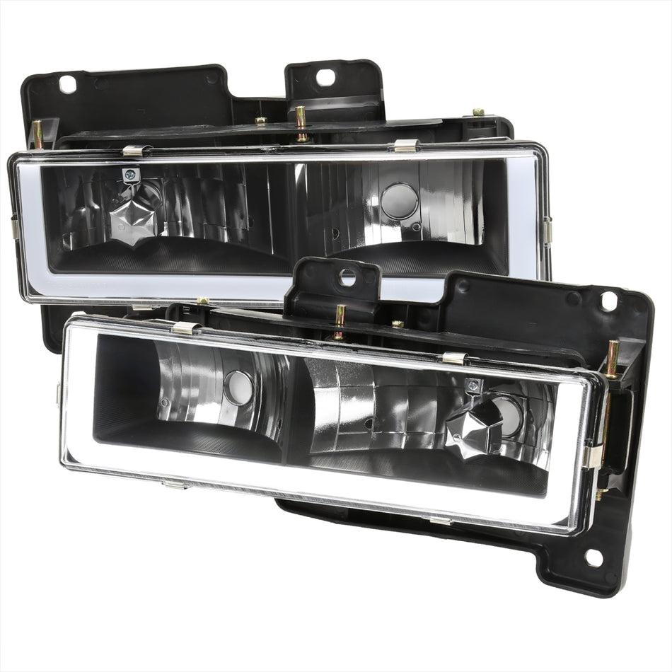 1988-1998 Chevrolet C/K C10/Tahoe/Suburban/Silverado GMC Sierra/Yukon/Suburban LED Bar Crystal Headlights (Matte Black Housing/Clear Lens)
