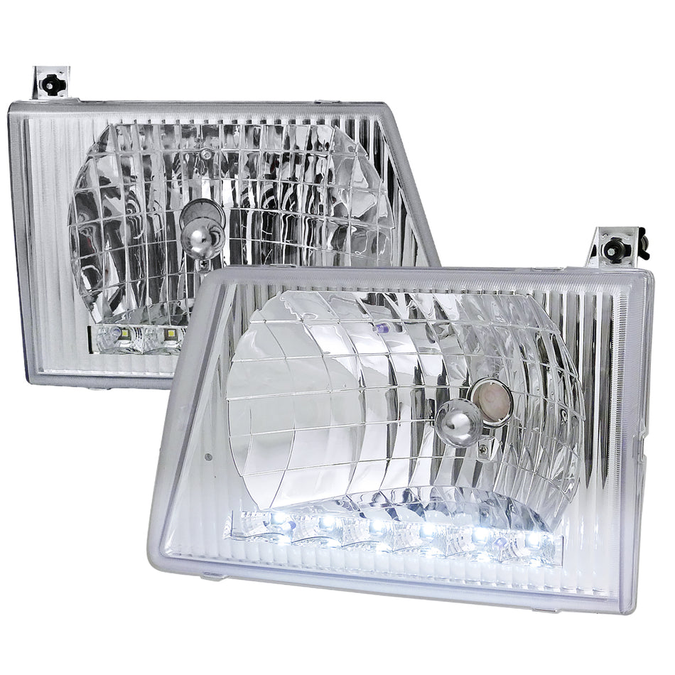 1992-2006 Ford Econoline Factory Style Headlights w/ SMD LED Light Strip (Chrome Housing/Clear Lens)