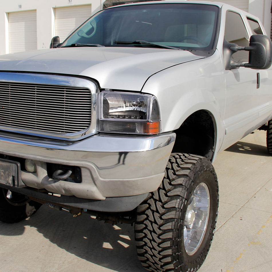 1999-2004 Ford F-250/F-350/F-450/F-550/Excursion Factory style Headlights w/ SMD LED Light Strip (Matte Black Housing/Clear Lens)