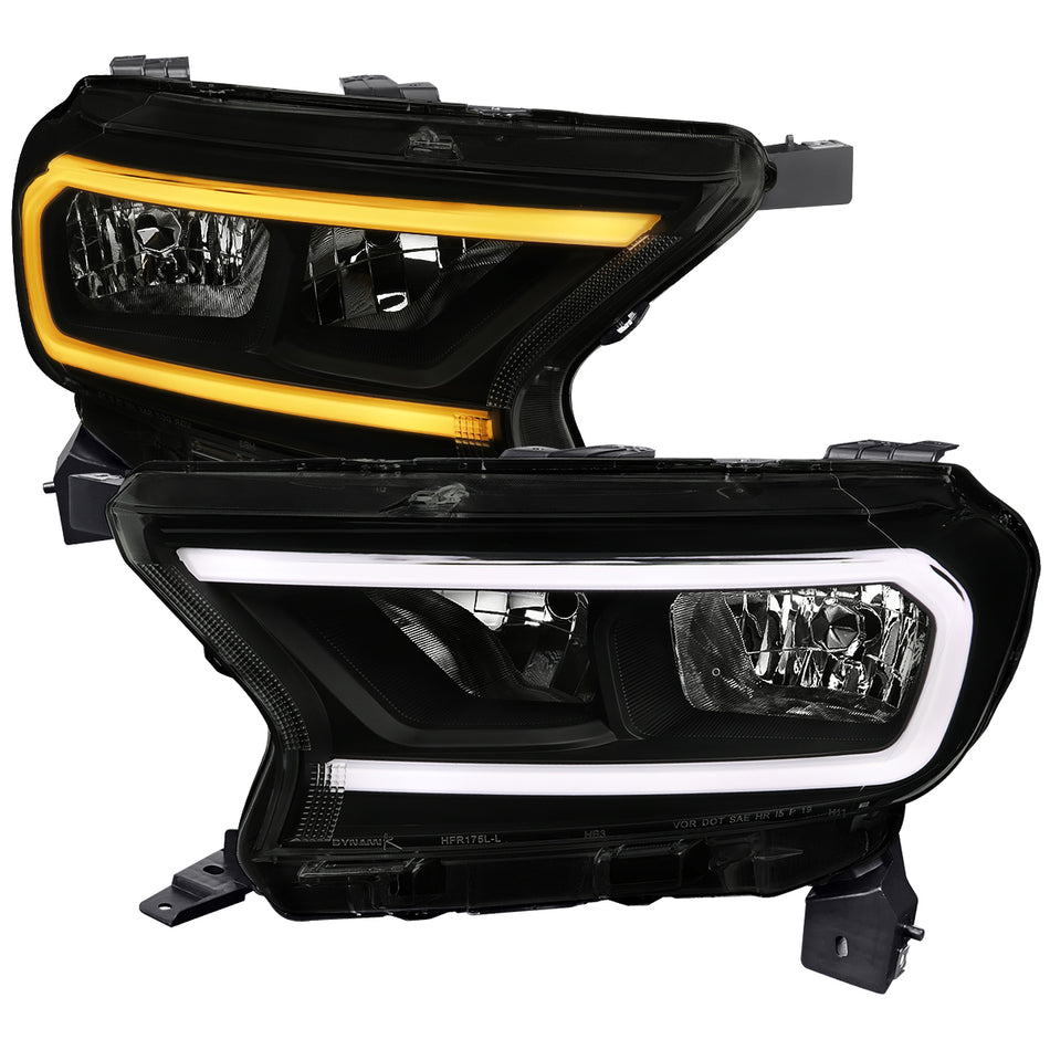2019-2023 Ford Ranger XL XLT Factory Style Replacement Headlights with LED Bar Turn Signal (Glossy Black Housing / Smoked Lens)