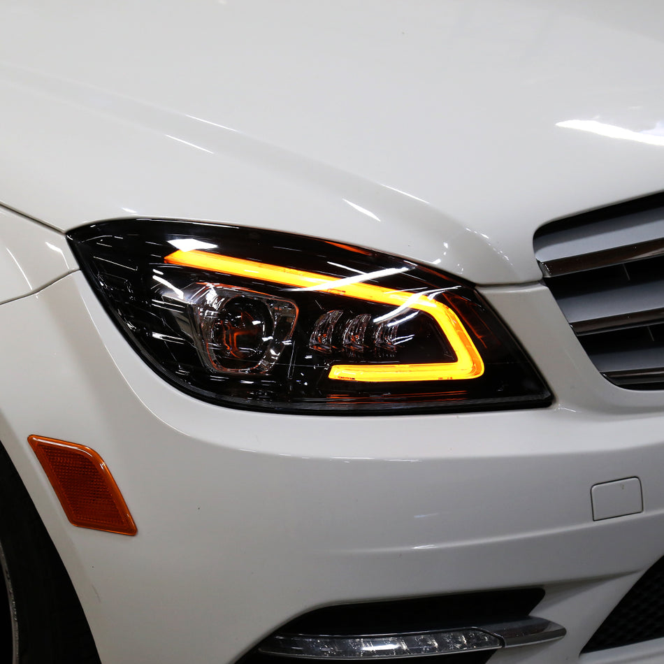 2008-2011 Mercedes Benz W204 C-Class Switchback Sequential Full LED Projector Headlights (Matte Black Housing/Clear Lens)