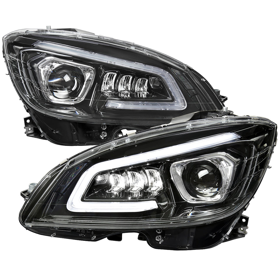 2008-2011 Mercedes Benz W204 C-Class Switchback Sequential Full LED Projector Headlights (Matte Black Housing/Clear Lens)