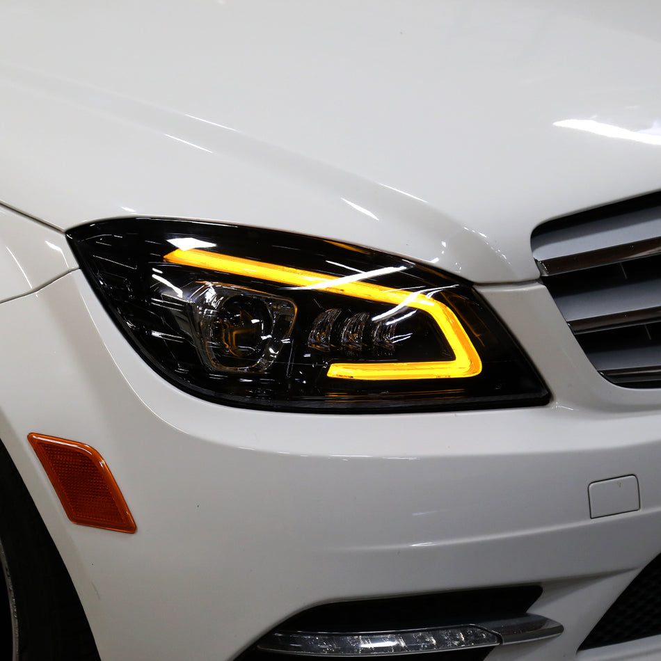 2008-2011 Mercedes Benz W204 C-Class Switchback Sequential Full LED Projector Headlights (Matte Black Housing/Smoked Lens)