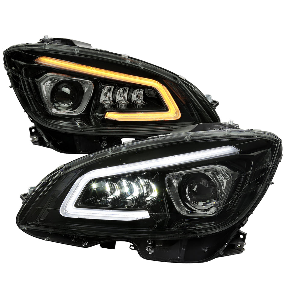 2008-2011 Mercedes Benz W204 C-Class Switchback Sequential Full LED Projector Headlights (Matte Black Housing/Smoked Lens)