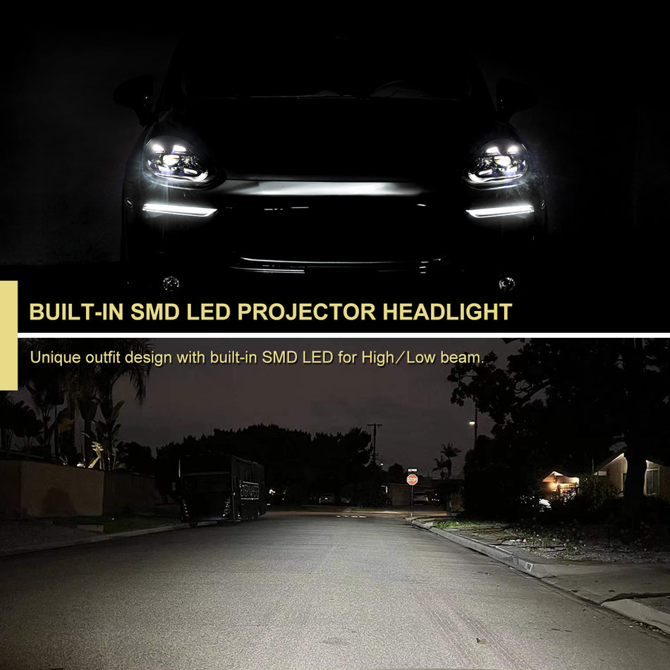 2015-2017 Porsche Cayenne 958.2 LED Projector Headlights w/ DRL for non-Dynamic Function  (Matte Black Housing / Glossy Black Accents / Clear Lens)