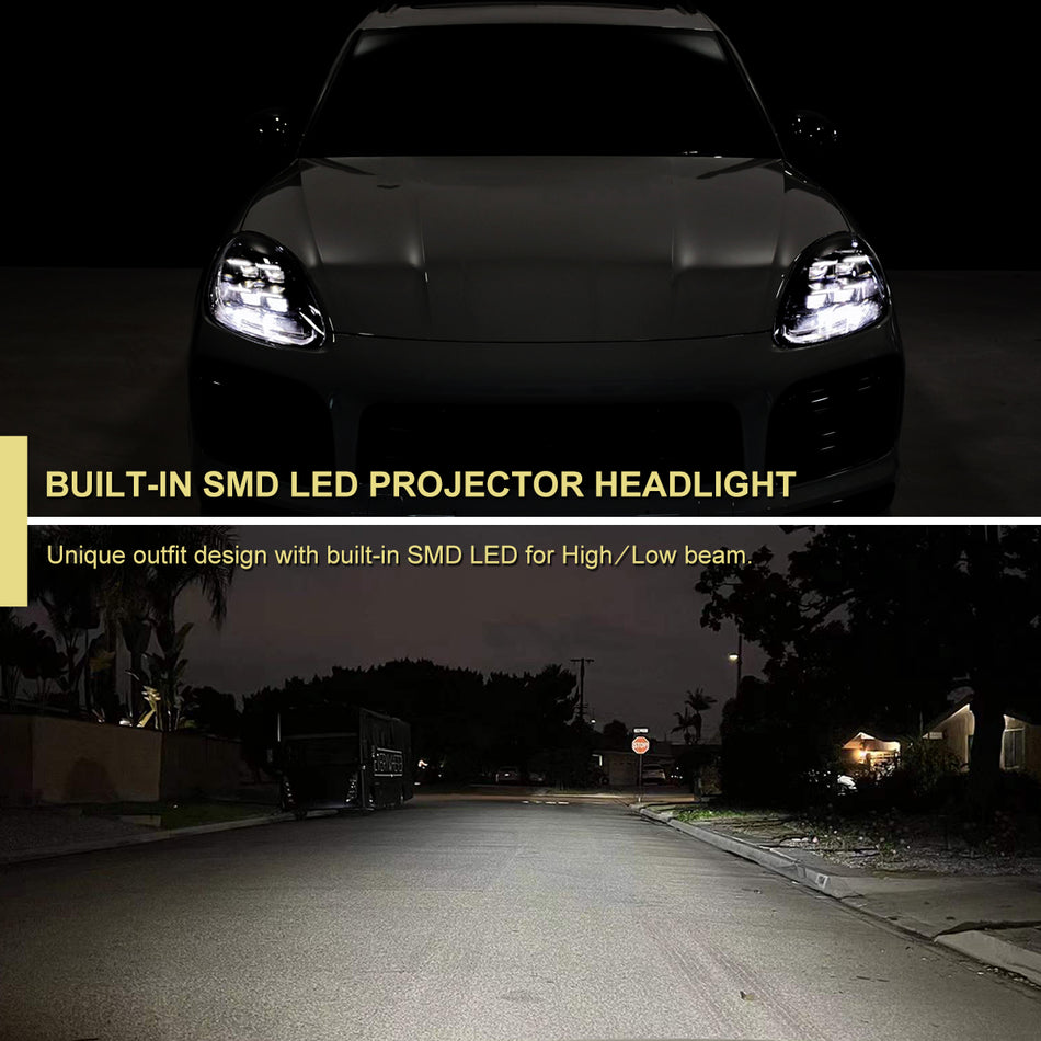 2018-2023 Porsche Cayenne Matrix Style LED Projector Headlights w/ DRL and for Dynamic Function  (Matte Black Housing / Glossy Black Accents / Clear Lens)