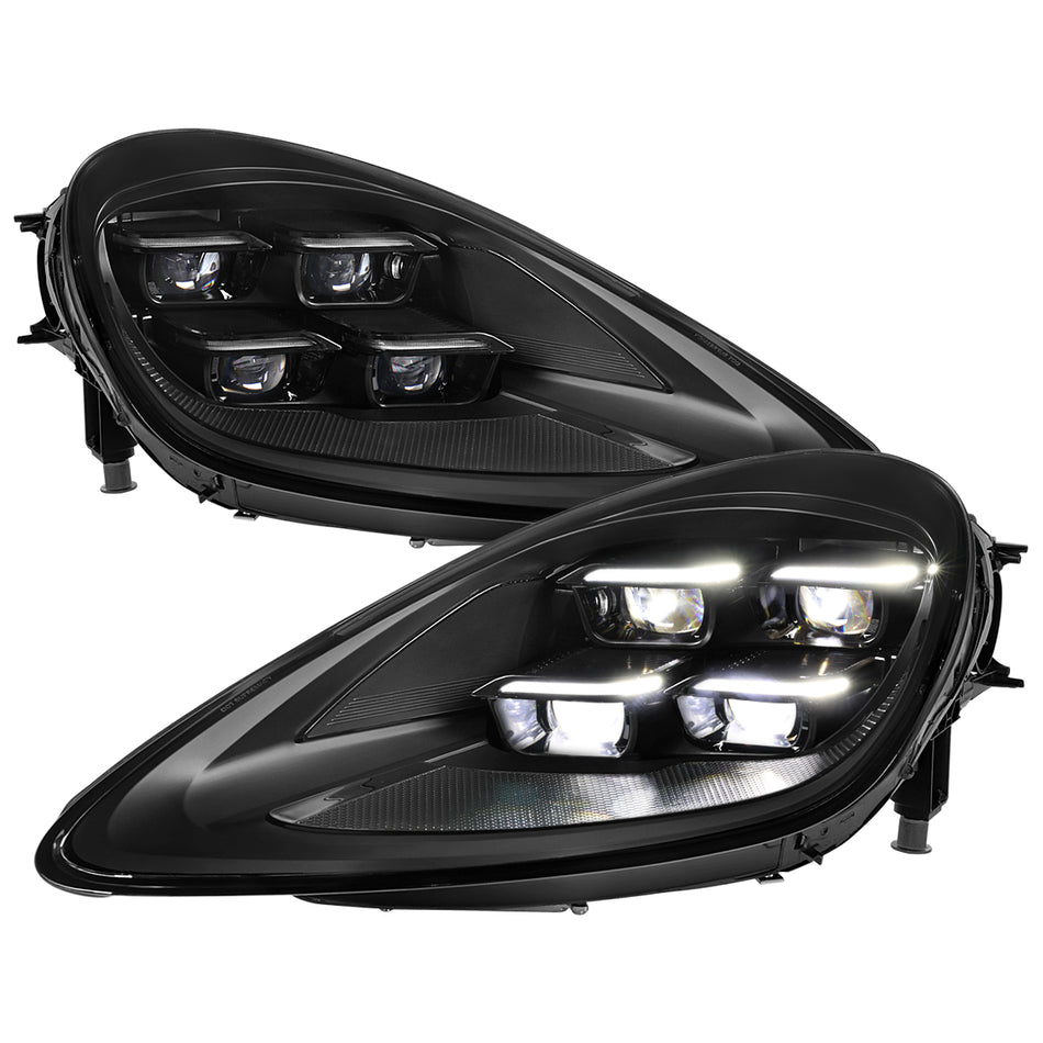 2018-2023 Porsche Cayenne Matrix Style LED Projector Headlights w/ DRL and for Dynamic Function  (Matte Black Housing / Glossy Black Accents / Clear Lens)