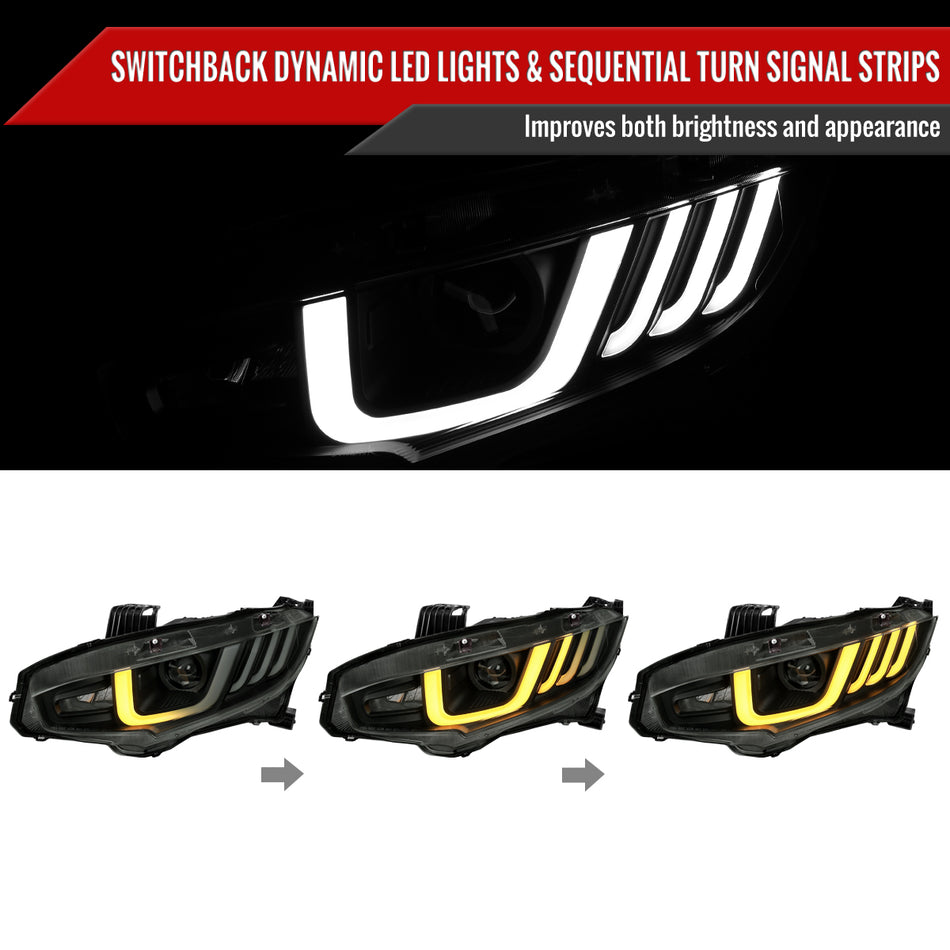 2016-2021 Honda Civic Full LED Projector Headlights w/ Switchback Sequential Turn Signal (Matte Black Housing/Smoked Lens)