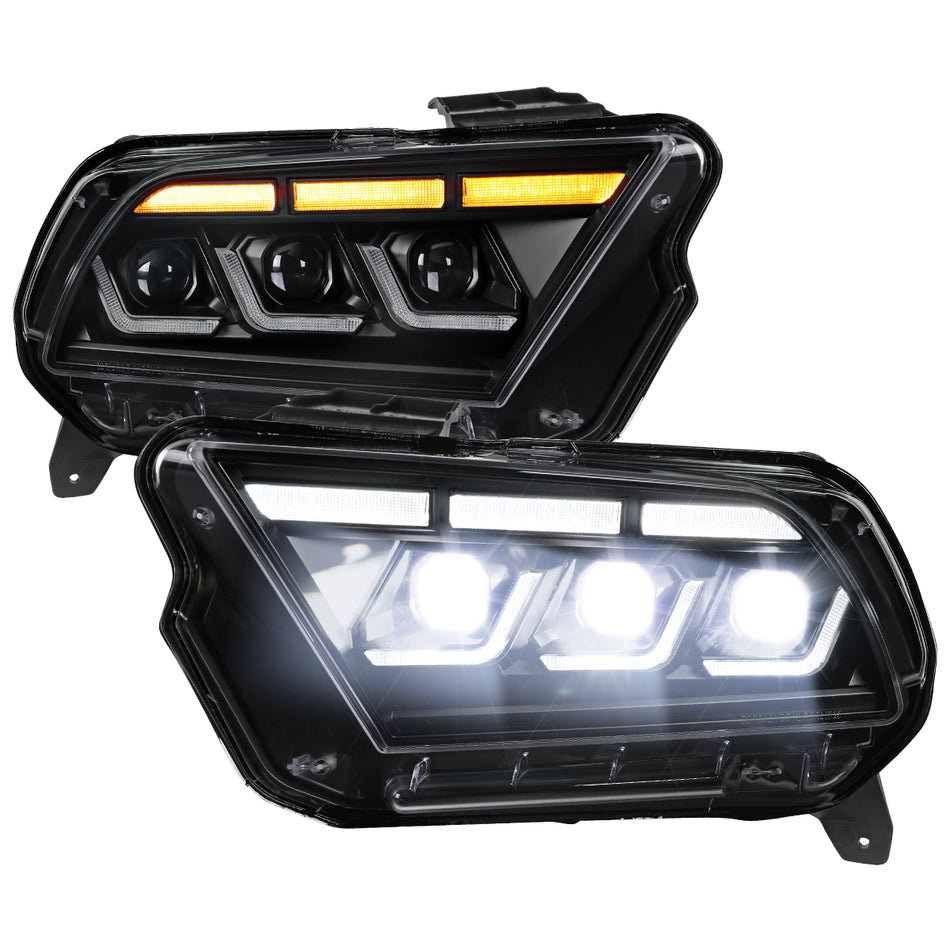 2010-2014 Ford Mustang Full LED Projector Headlights Sequential Turn Signal Switchback DRL  (Matte Black Housing / Clear Lens)