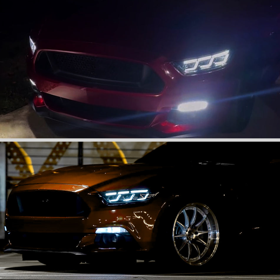 2015–2017 Ford Mustang Full LED Projector Headlights Switchback Sequential with Start-Up Animation (Glossy Black Housing / Clear Lens)