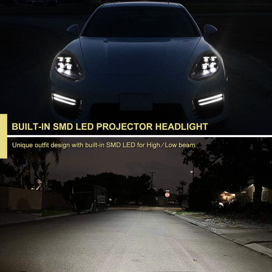 2014-2016 Porsche Panamera 970.2 Matrix Style LED Projector Headlights w/ DRL for non-Factory HID  (Matte Black Housing / Glossy Black Accents / Clear Lens)