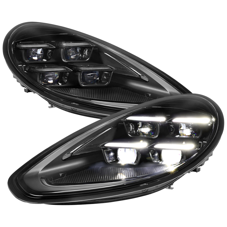 2014-2016 Porsche Panamera 970.2 Matrix Style LED Projector Headlights w/ DRL for non-Factory HID  (Matte Black Housing / Glossy Black Accents / Clear Lens)