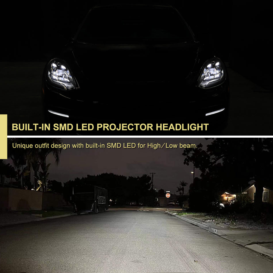 2017-2022 Porsche Panamera Matrix Style LED Projector Headlights w/ DRL (Matte Black Housing / Glossy Black Accents / Clear Lens)
