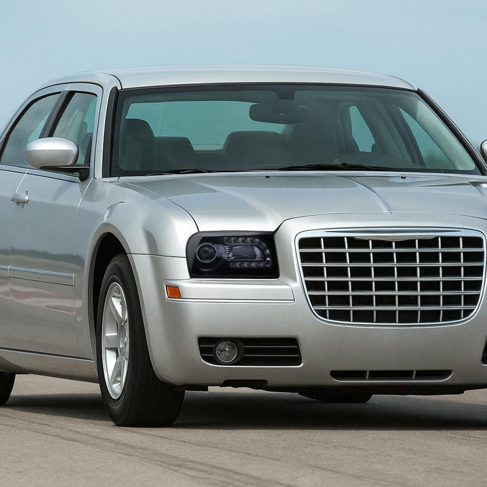 2005-2010 Chrysler 300 Base/LX/Touring Projector Headlights w/ LED Light Strip & LED Turn Signal Lights (Glossy Black Housing/Smoked Lens)