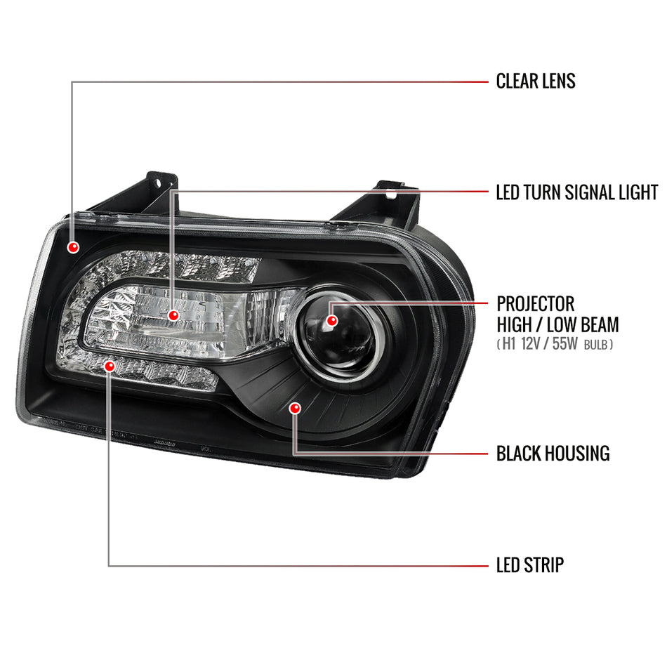 2005-2010 Chrysler 300 Base/LX/Touring Projector Headlights w/ LED Light Strip & LED Turn Signal Lights (Matte Black Housing/Clear Lens)