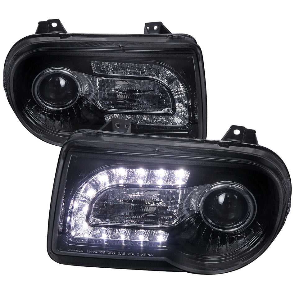 2005-2010 Chrysler 300 Projector Headlights w/ LED Light Strip (Glossy Black Housing/Smoked Lens)