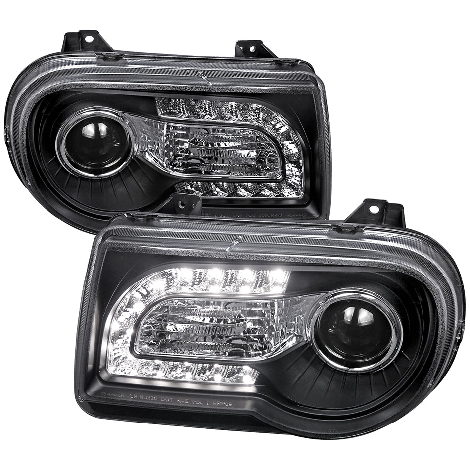 2005-2010 Chrysler 300 Projector Headlights w/ LED Light Strip (Matte Black Housing/Clear Lens)