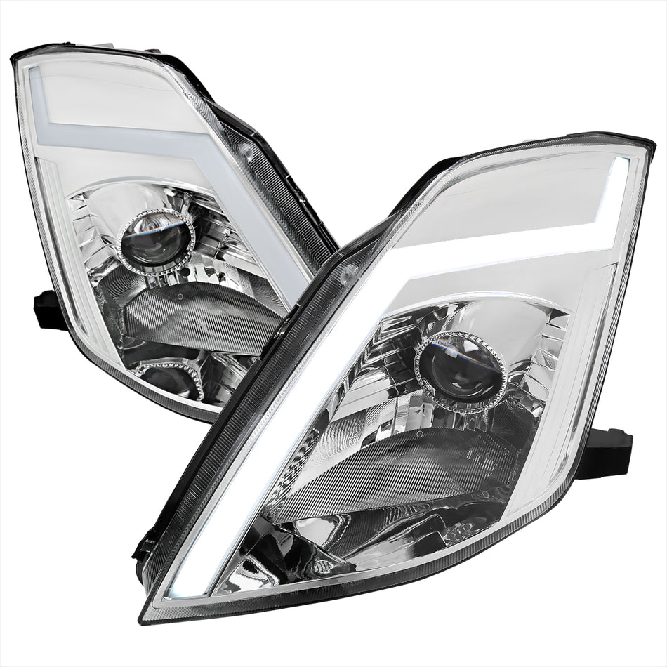 2003-2005 Nissan 350Z Switchback Sequential Turn Signal Animated LED Bar Projector Headlights (Chrome Housing/Clear Lens)