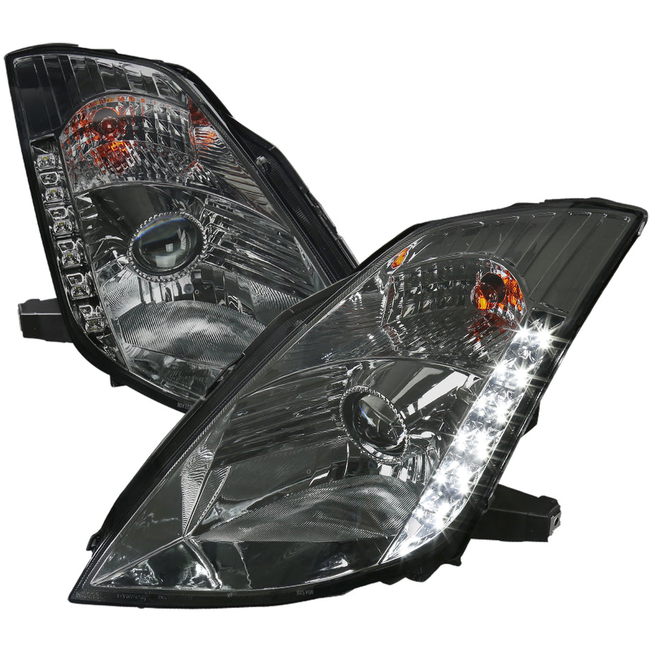 2003-2005 Nissan 350Z Projector Headlights w/ SMD LED Light Strip (Chrome Housing/Smoked Lens)