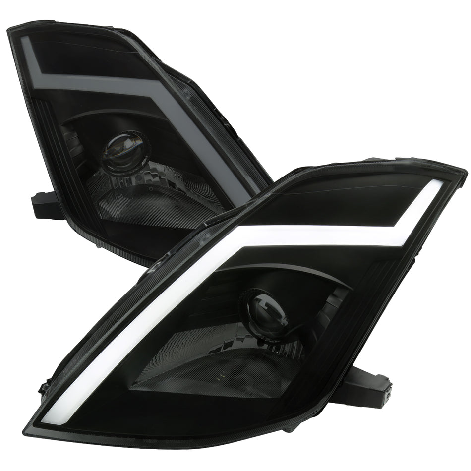 2003-2005 Nissan 350Z Switchback Sequential Turn Signal Animated LED Bar Projector Headlights (Matte Black Housing/Smoked Lens)