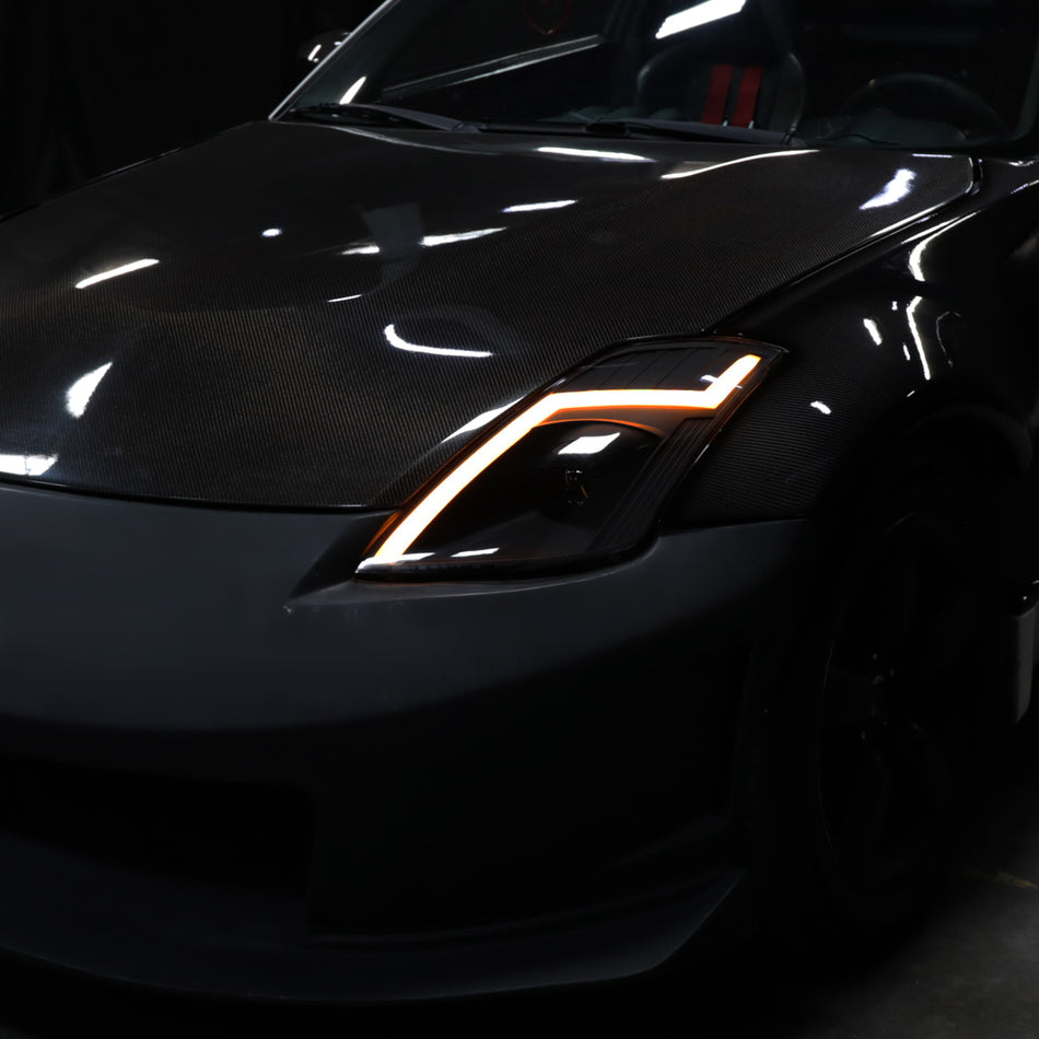 2006-2009 Nissan 350Z Switchback Sequential Turn Signal Animated LED Bar Projector Headlights (Matte Black Housing/Smoked Lens)
