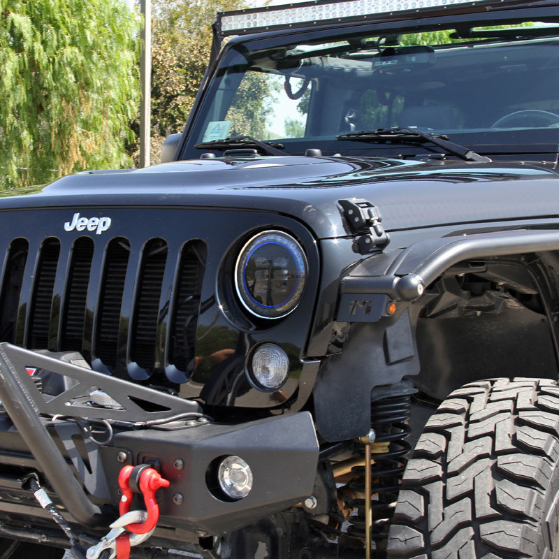 Universal 7" Round Cree LED Blue Rim Halo Projector Headlight - 1PC (Matte Black Housing/Clear Lens)