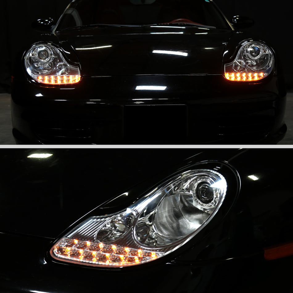 1997-2004 Porsche Boxster 986/911 996 LED Light Strip Projector Headlights w/ LED Turn Signal Lights (Chrome Housing/Clear Lens)