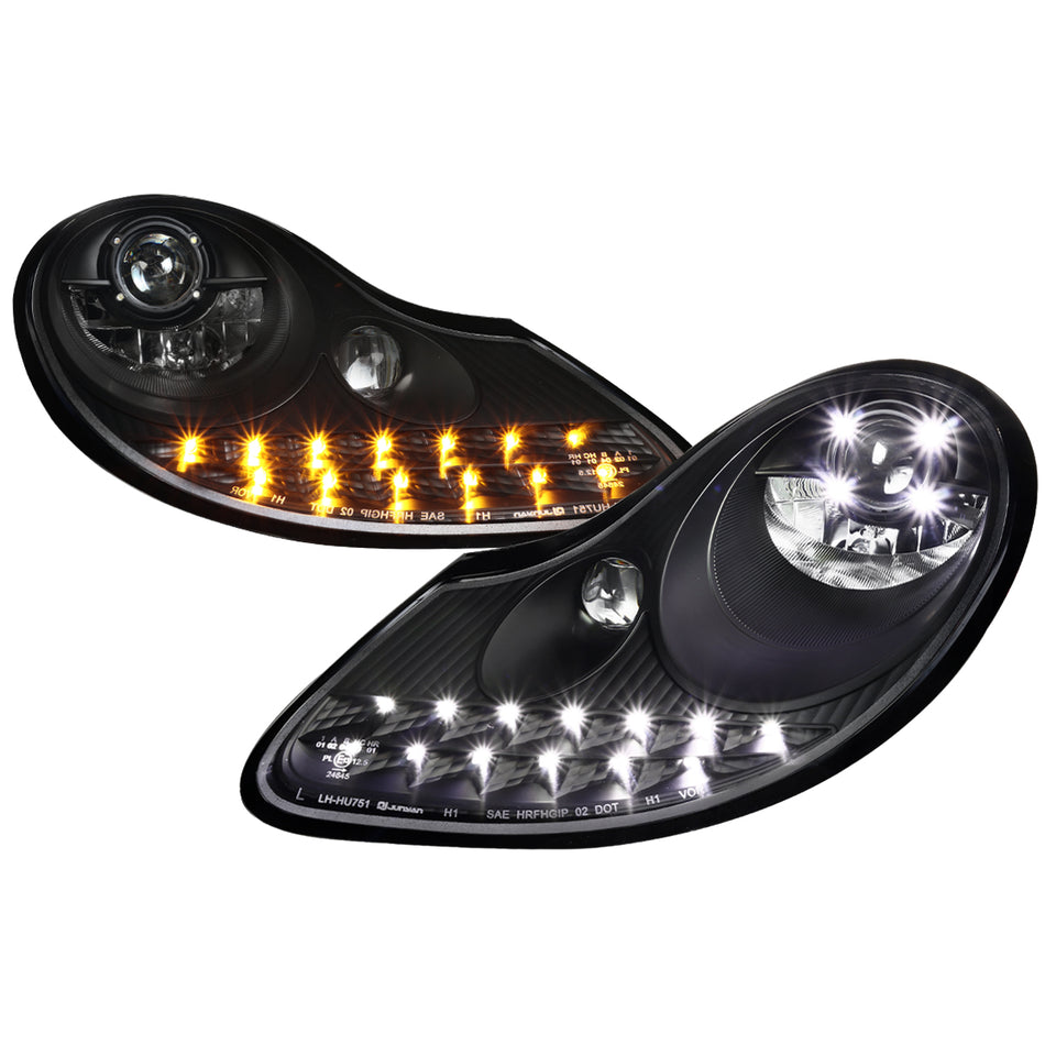 1997-2004 Porsche Boxster 986/911 996 LED Light Strip Projector Headlights w/ LED Turn Signal Lights (Matte Black Housing/Clear Lens)