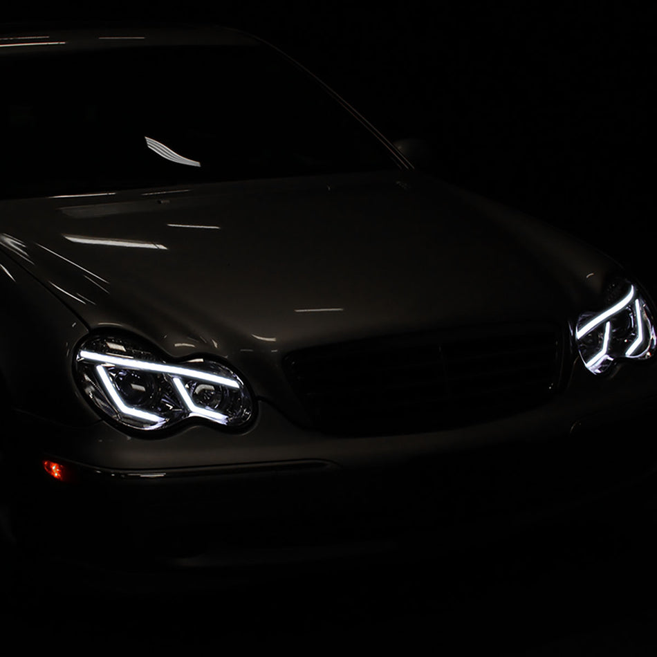 2001-2007 Mercedes Benz W203 C Class Sedan Projector Headlights w/ LED Light Bar & LED Turn Signal Lights (Chrome Housing/Clear Lens)