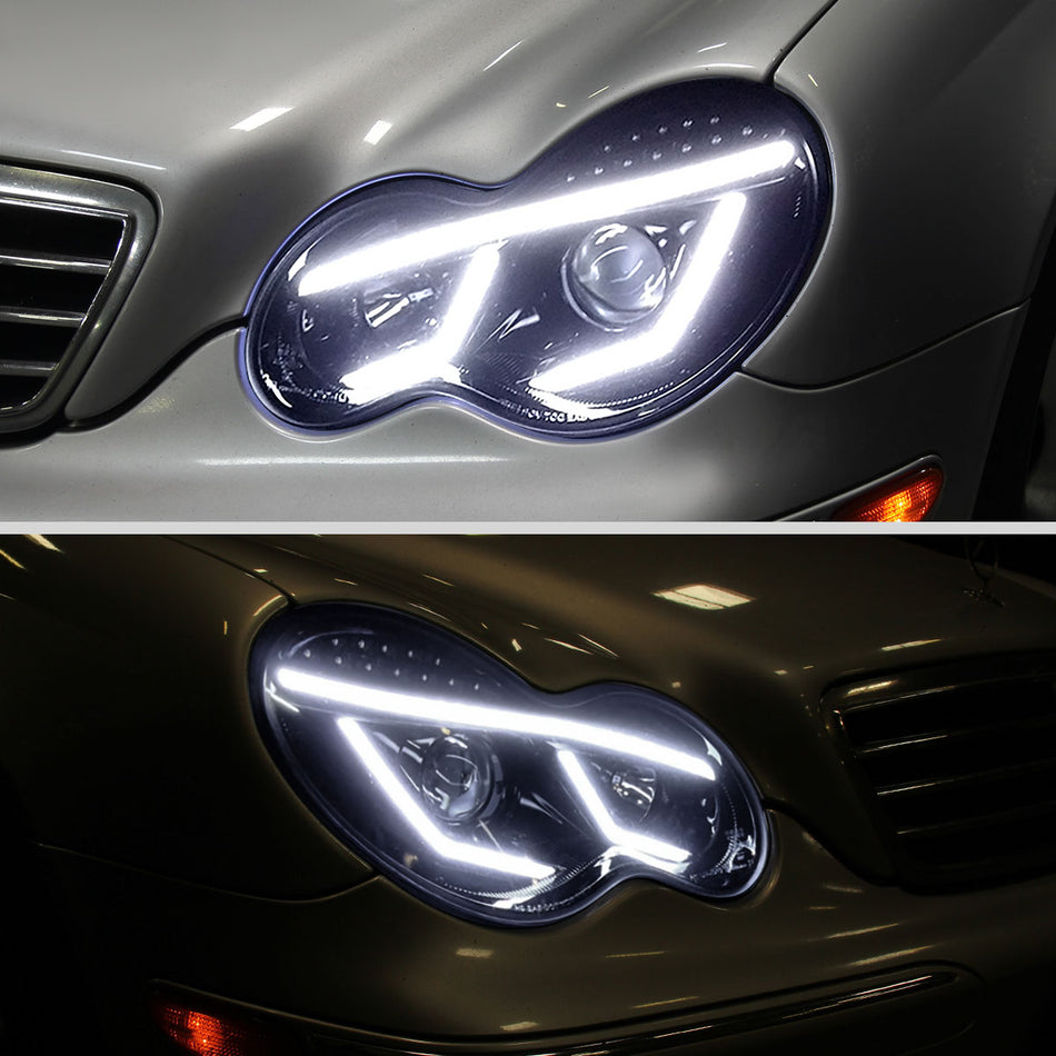2001-2007 Mercedes Benz W203 C Class Sedan LED Bar Projector Headlights w/ LED Turn Signal Lights (Glossy Black Housing/Smoked Lens)