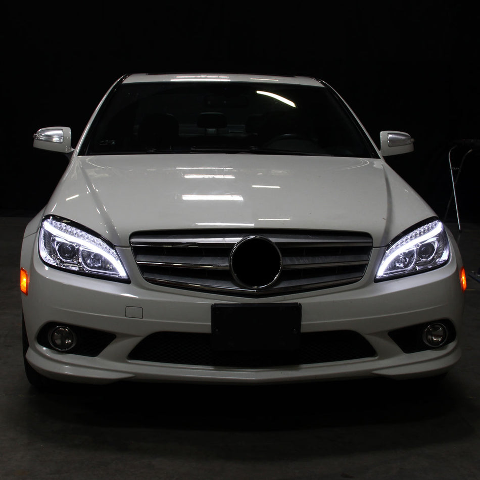 2008-2011 Mercedes Benz W204 C Class Projector Headlights w/ LED Light Bar & LED Turn Signal Lights (Chrome Housing/Clear Lens)