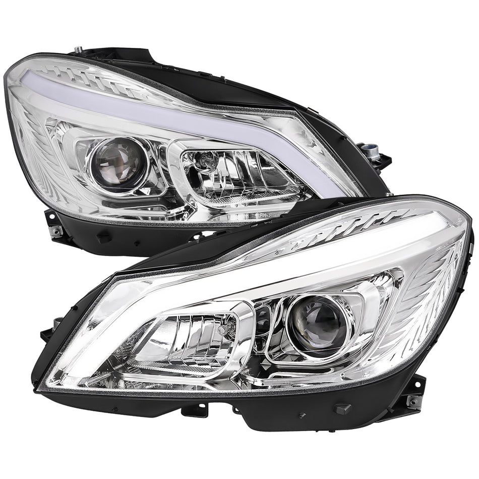 2012-2014 Mercedes-Benz W204 C-Class Switchback Sequential LED Bar Projector Headlights (Chrome Housing/Clear Lens)