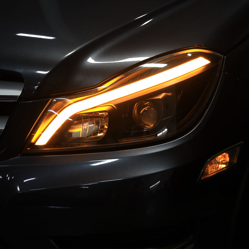 2012-2014 Mercedes-Benz W204 C-Class Switchback Sequential LED Bar Projector Headlights (Matte Black Housing/Clear Lens)
