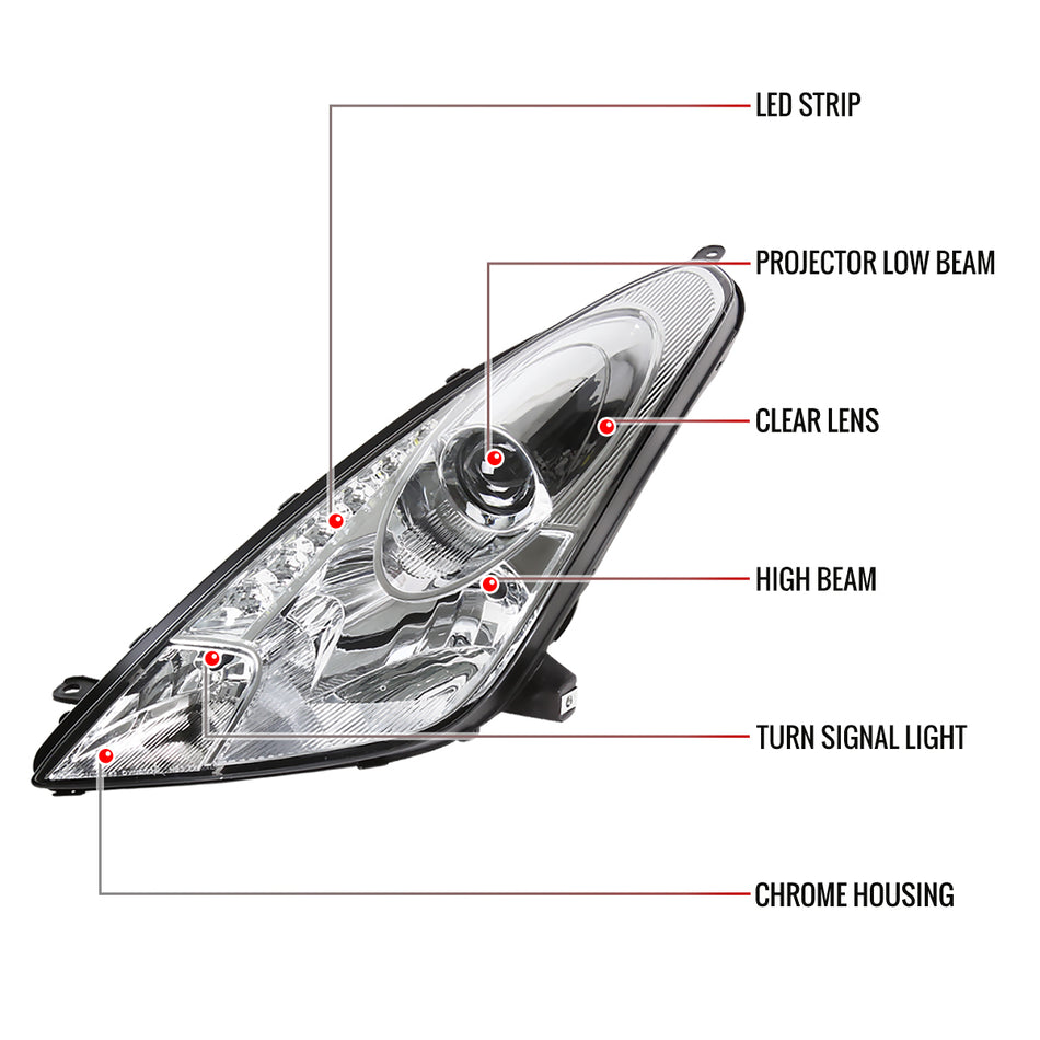 2000-2005 Toyota Celica Projector Headlights w/ SMD LED Light Strip (Chrome Housing/Clear Lens)