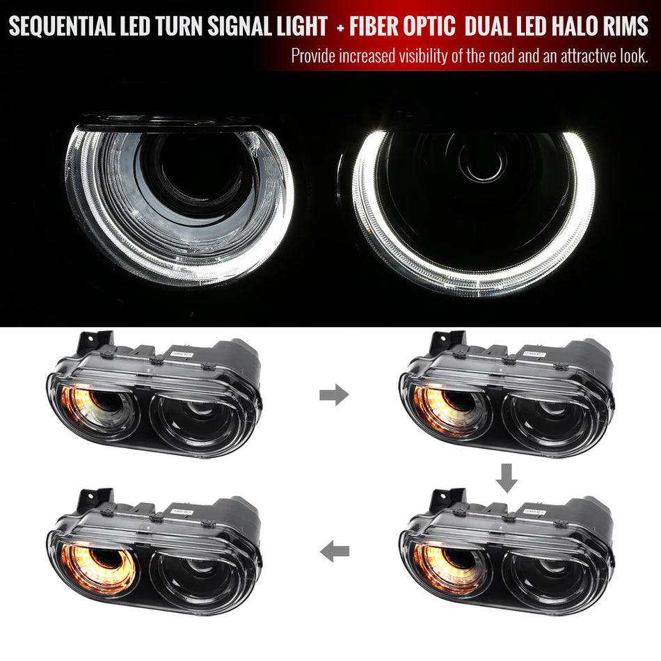 2008-2014 Dodge Challenger Dual LED Halo D2H Xenon Projector Headlights w/ Sequential Turn Signals (Black Housing/Clear Lens)
