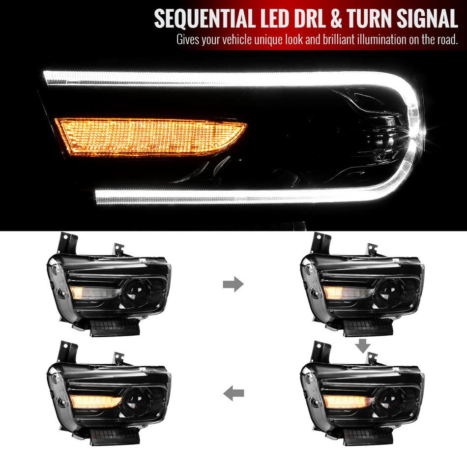 2011-2014 Dodge Charger D2H Xenon Projector Headlights w/ LED C Strip & Sequential LED Turn Signal Lights (Black Housing/Clear Lens)