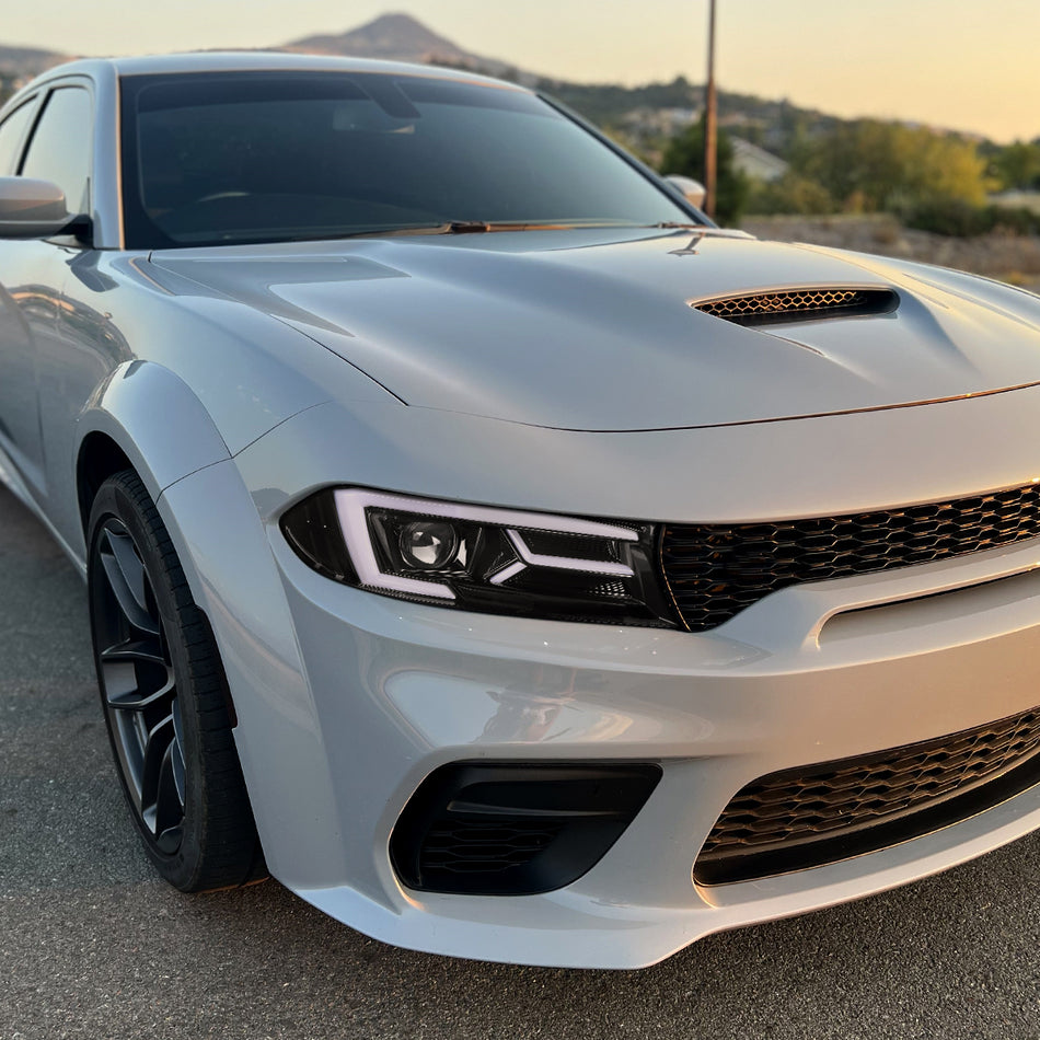 2015-2023 Dodge Charger LED Strip Projector Headlights w/ LED Sequential Turn Signal (Jet Black Housing/Clear Lens)
