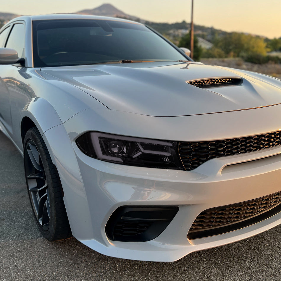 2015-2023 Dodge Charger LED Strip Projector Headlights w/ LED Sequential Turn Signal (Chrome Housing/Smoked Lens)
