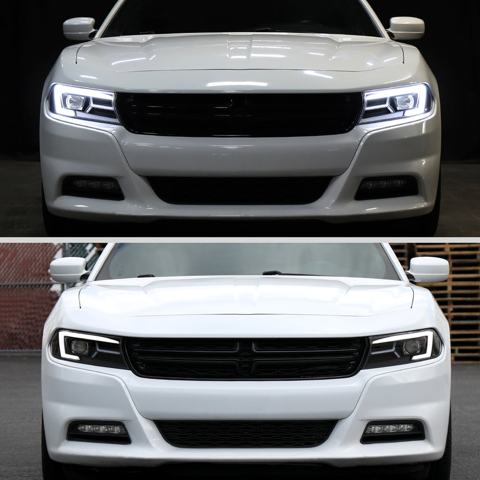 2015-2023 Dodge Charger LED Strip Projector Headlights w/ LED Sequential Turn Signal (Matte Black Housing/Clear Lens)