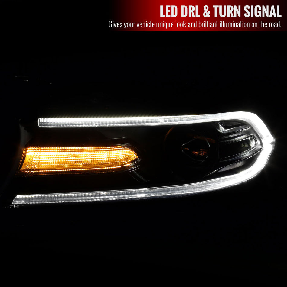 2015-2020 Dodge Charger Projector Headlights w/ LED C Strip & LED Turn Signal Lights (Black Housing/Clear Lens)